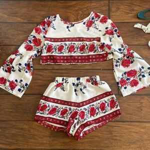 White and red floral print matching set